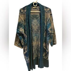 Lucky Brand tribal print gray turquoise 3/4 sleeves open front cardigan